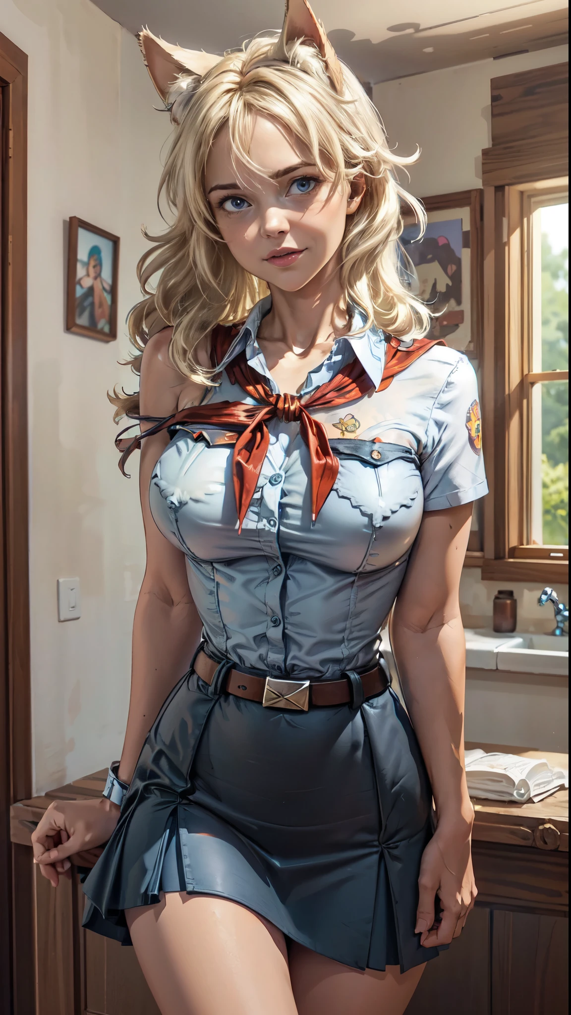 very young slim fit girl, full height, rounded face, (long curly disheveled blond hair:1.4), big blue eyes, shy smile, perfect medium breast, band on head with fake cat ears, monroe, pioneer neckerchief, short tight blue pleated skirt, bangs, tight white shirt, short sleeves, collared shirt, belt, red neckerchief, breast pocket, RAW, high detailed skin, 8k uhd, soft lighting, (masterpiece), (best quality:1.2), thick outlines, (vibrant shadows), deep shadows, detailed eyes, full height, (high quality), high detailed background, high detailed face, high detailed finger, tatoogirl, shoulder arm tattoo