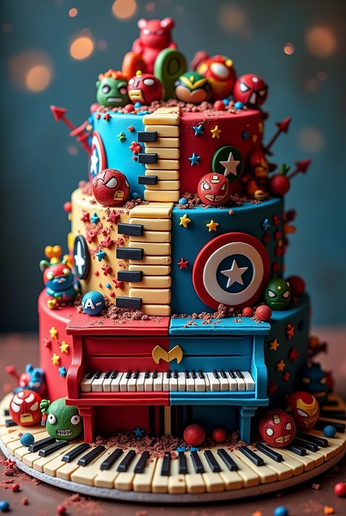 A simple birthday cake with a half Marvel and half piano theme. 