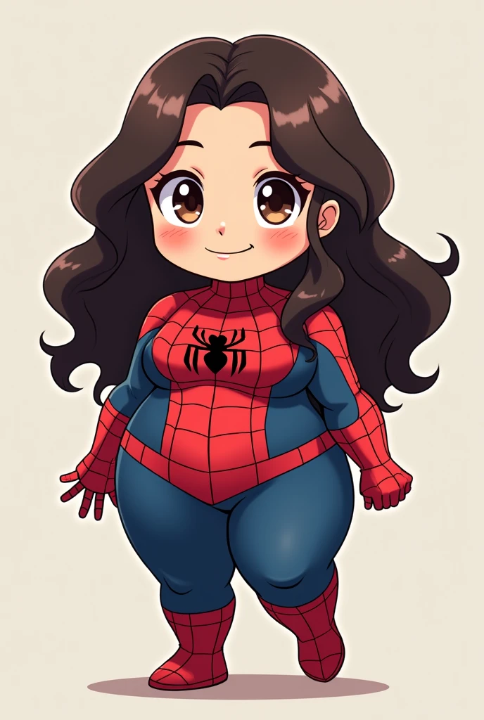 Spider-Man female version, chubby, big cheek, dark brown skin , upward slanting eyes. Long, wavy, dark brown hair. Cute anime style