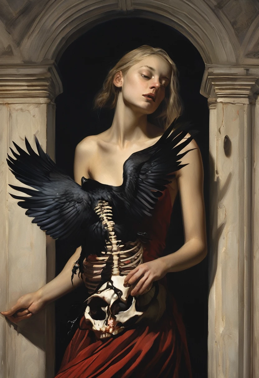 "(The best lighting, high contrast, dark, dramatic),(Blonde girl next to a black crow, Open the rib cage, fetus, autopsy, human bones, blood on the walls). Luz Caravaggio"