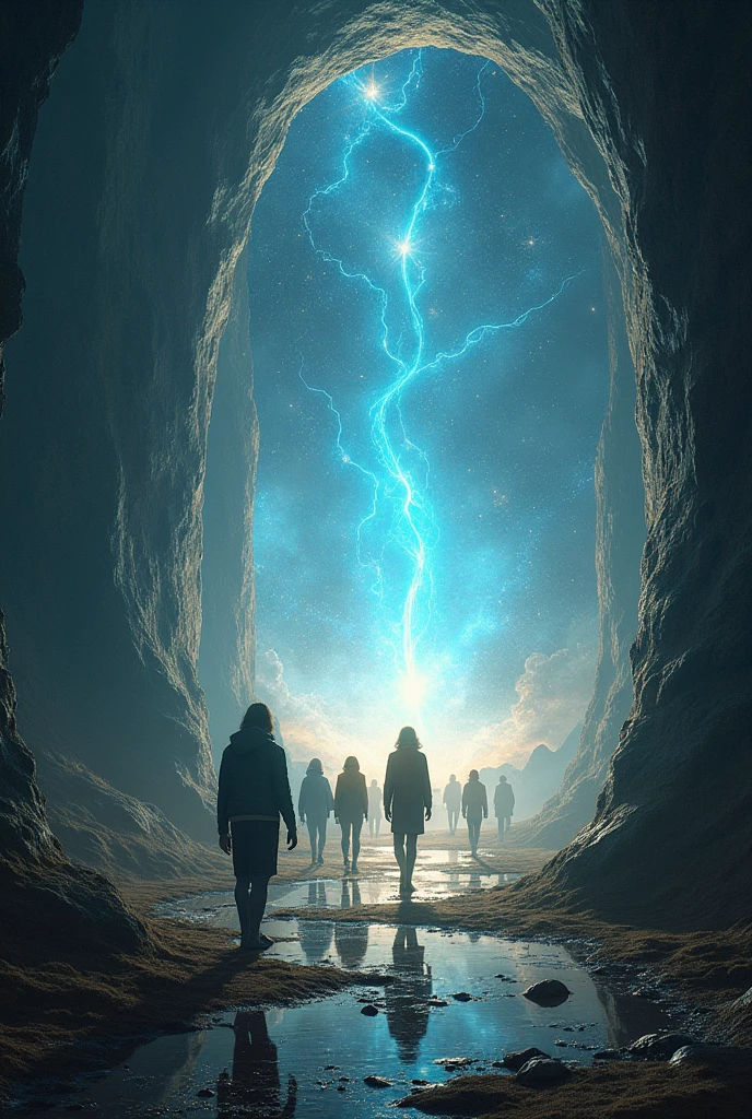 Humans entering an unknown portal where they encounter light, magic and universe, realist