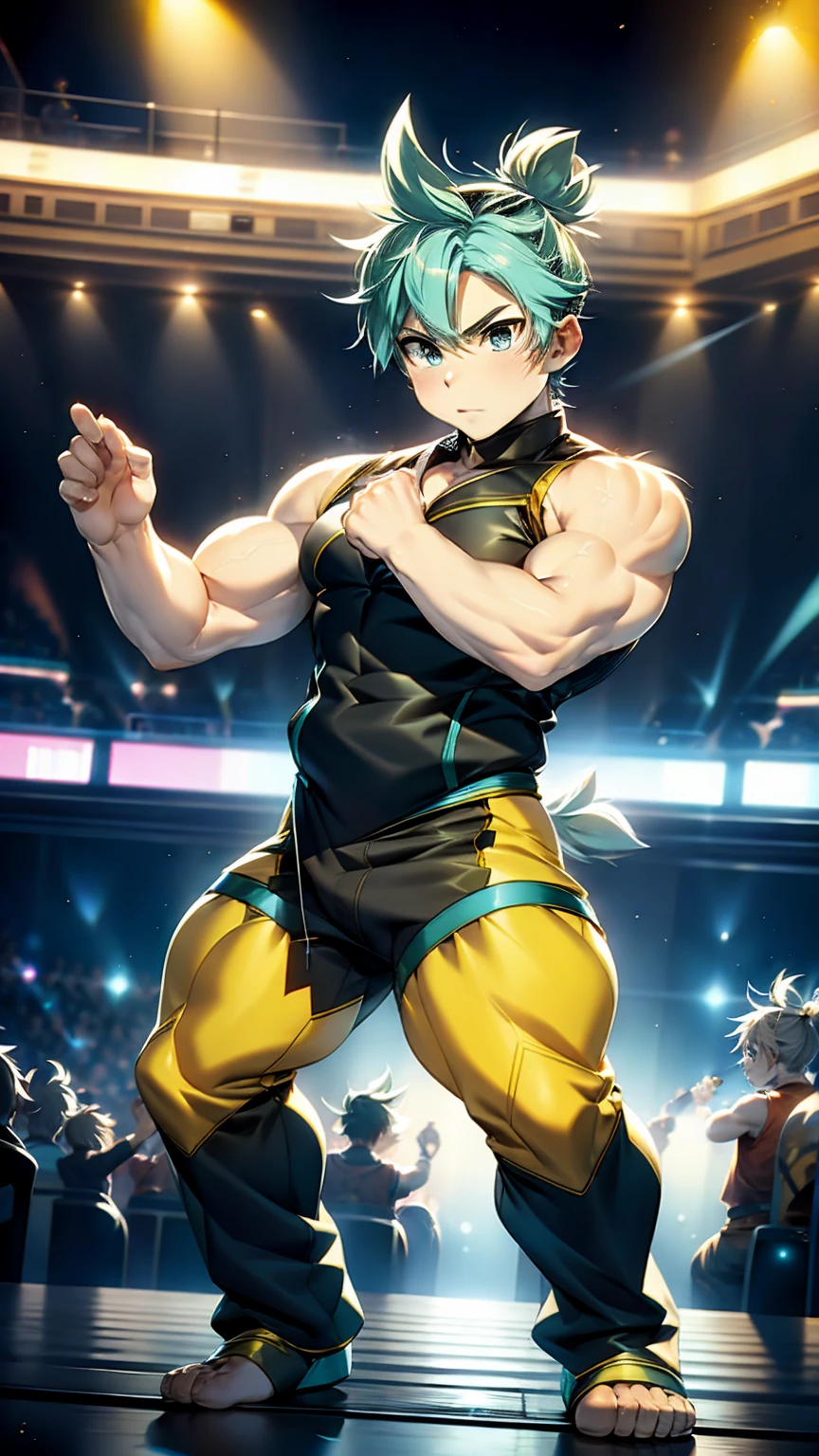 Concert Hall,Kagamine Len,short hair,Short Ponytail,Spiked Hair,Aqua Eye,Huge muscles,