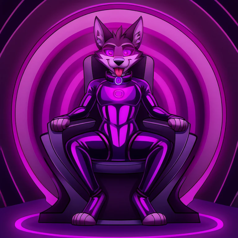(Vortex hellhound) in (brainwashing chair), (hypnotized with glowing purple eyes, tongue out) (in underwear), (@_@), (Brainwashing), (Mind Control), (Mind control Headset), collar, Mind Control, Hypnosis, Mind Control Visor, brainwashing machine, entranced, creepy smile, (sitting, handcuffed and footcuffed in brainwashing chair),