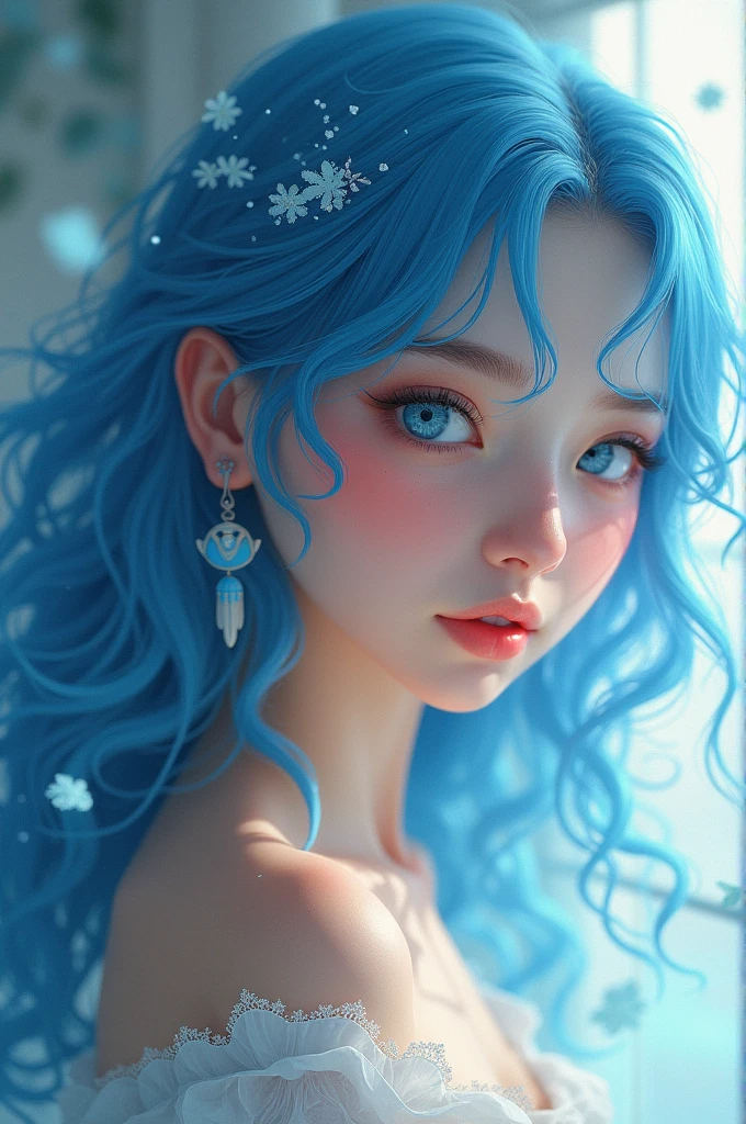Create a 23-year-old girl with a fair skin tone and blue hair. 