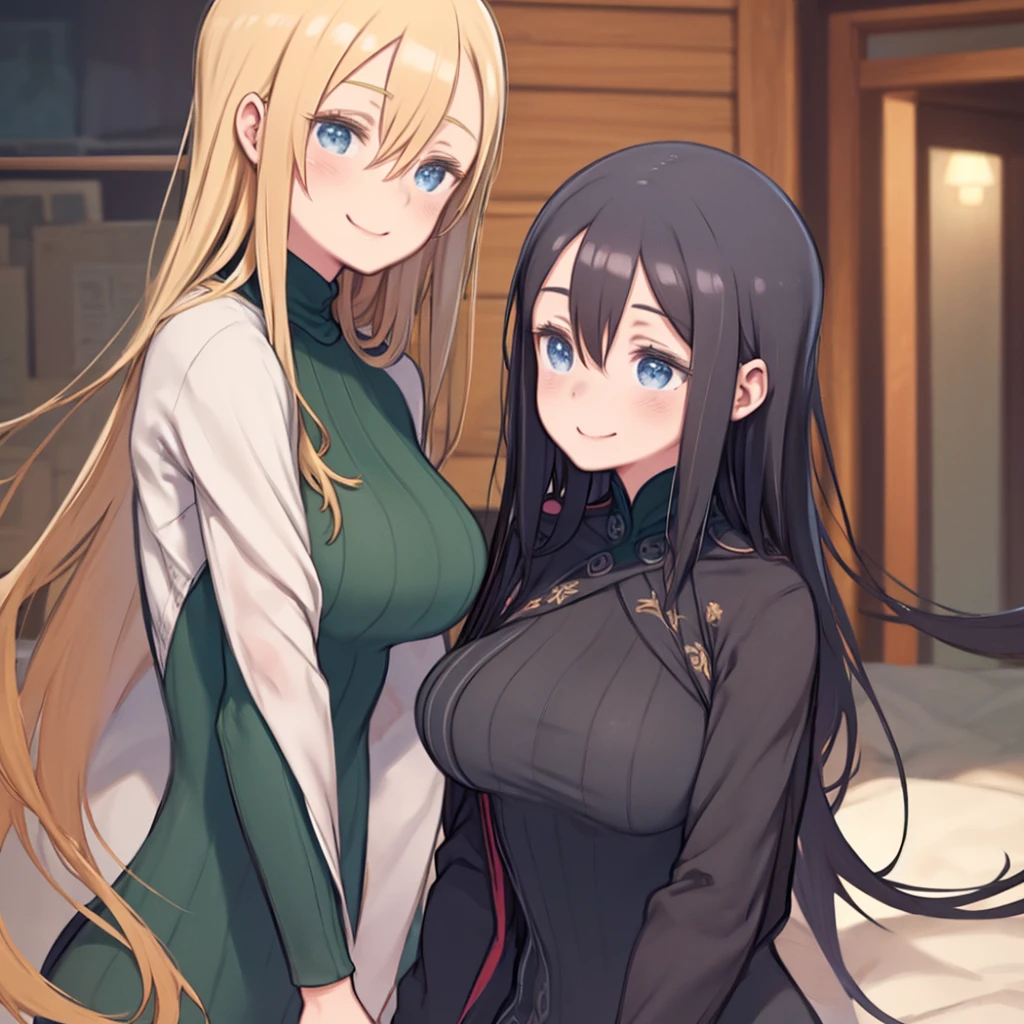 One woman with mature long blonde hair, large breasts, wearing a green turtleneck sweater.、One black-haired male、Happy、Two people holding hands and looking into each other's eyes、See each other、smile、blush、Smiling、Mountain hut、Inside the bungalow、Upper Body、Angle from the side、