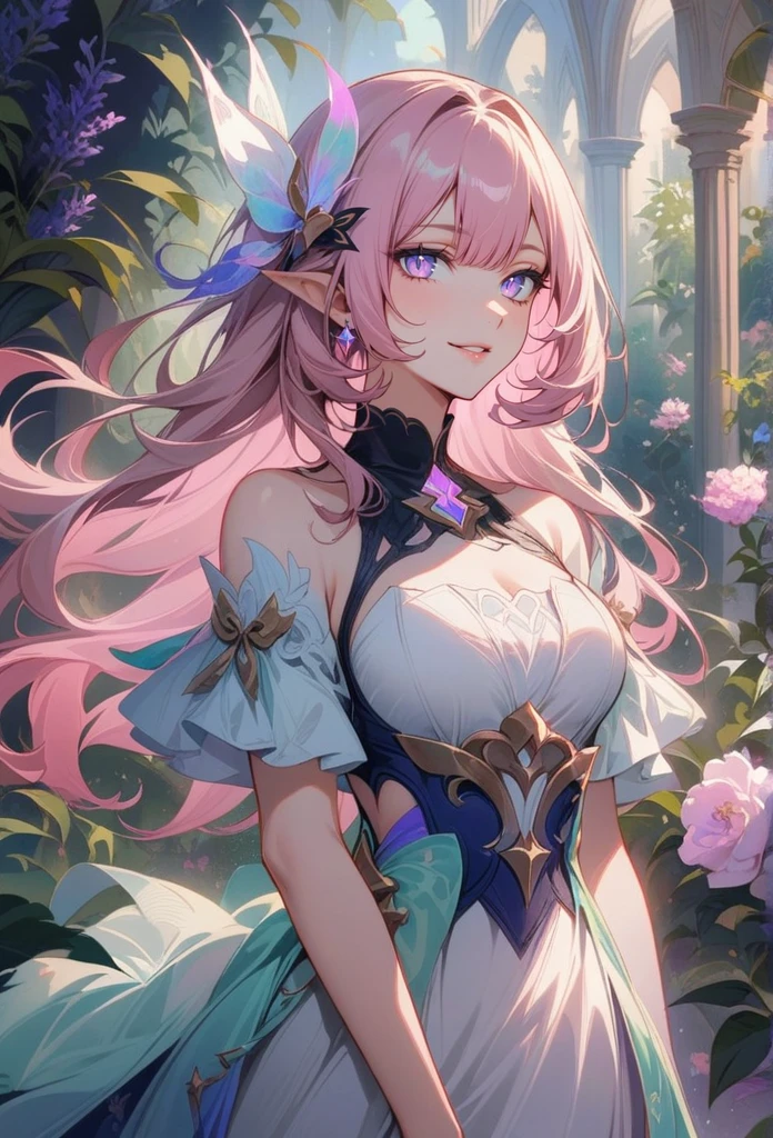 1girl,elysia_\(honkai_impact\)_\(herrscher_of_human_ego\),A slender girl, (best quality, ultra-detailed) exquisite facial features (long eyelashes, detailed eyes, detailed lips), wearing a flowing white dress with flutter sleeves and cleavage, standing gracefully in a vibrant garden. The garden is filled with lush greenery, blooming flowers, and crystalflies. The sunlight filters through the trees, casting a soft, warm glow on the girl's porcelain-like skin. The atmosphere is dreamlike and ethereal, with a touch of magic. The color palette is soft and delicate, with pastel hues of pink, lavender, and mint green dominating the scene. The overall image is of high resolution, with intricate details capturing every delicate feature of the girl and the garden. The art style is a fusion of traditional oil painting techniques and digital rendering, resulting in a unique and mesmerizing visual aesthetic. The lighting is soft and diffused, creating a serene and peaceful ambiance.

Pink_hair,pointed_ears,dsmile:.4