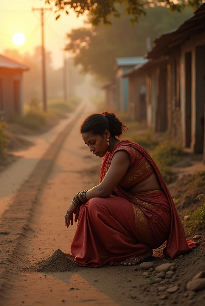 A poignant scene unfolds on a dusty rural road in 1899 India. Vice President Kamala Harris, attired in a traditional Indian saree, appears humbled as she squats beside the path. The setting sun casts a warm glow upon her determined expression. Amidst the rustic surroundings, a serene stillness pervades as she attends to her natural needs, surrounded by a scattered canvas of mud and cow dung.