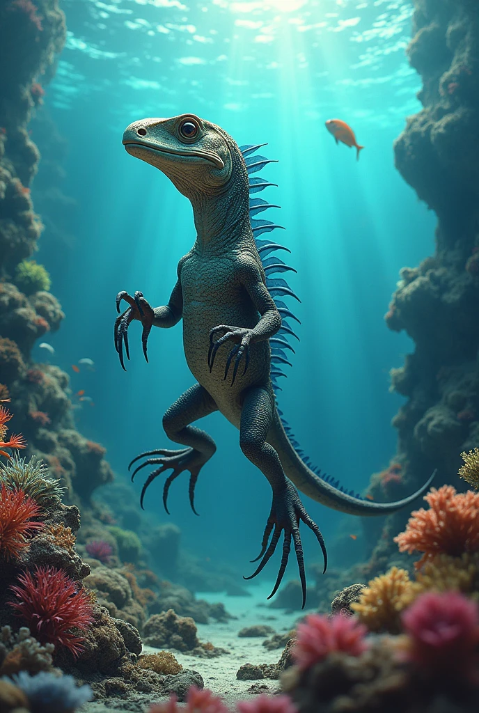 Could you please make an image of a new evolved species that is a combination like the evolution of an iguana that later became marine, please, with fins that have similarities to a fish, but it's a lizard, please, with fins like those of a fish, please, but its parts are not so different and change the shapes of its heads and its hands are different, as are its legs.