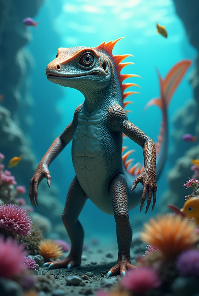 Could you please make an image of a new evolved species that is a combination like the evolution of an iguana that later became marine, please, with fins that have similarities to a fish, but it's a lizard, please, with fins like those of a fish, please, but its parts are not so different and change the shapes of its heads and its hands are different, as are its legs.