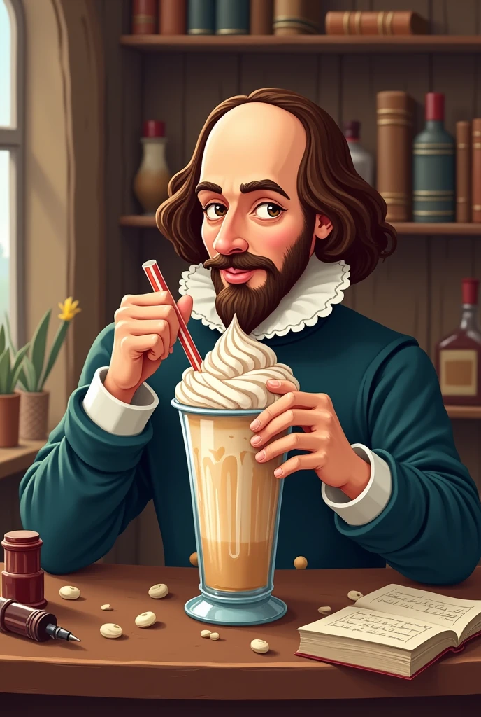 Coffee shop logo with Shakespeare drinking a milkshake