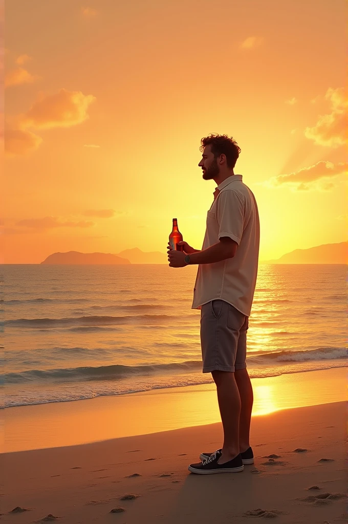 Man with a bottle watching the sunset on the beach