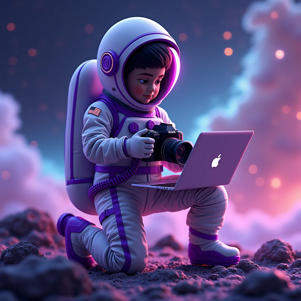 full body pose  of a little human astronaut avatar of art director  creatve working videos camera and shooting on MacBook with purple background in galaxy