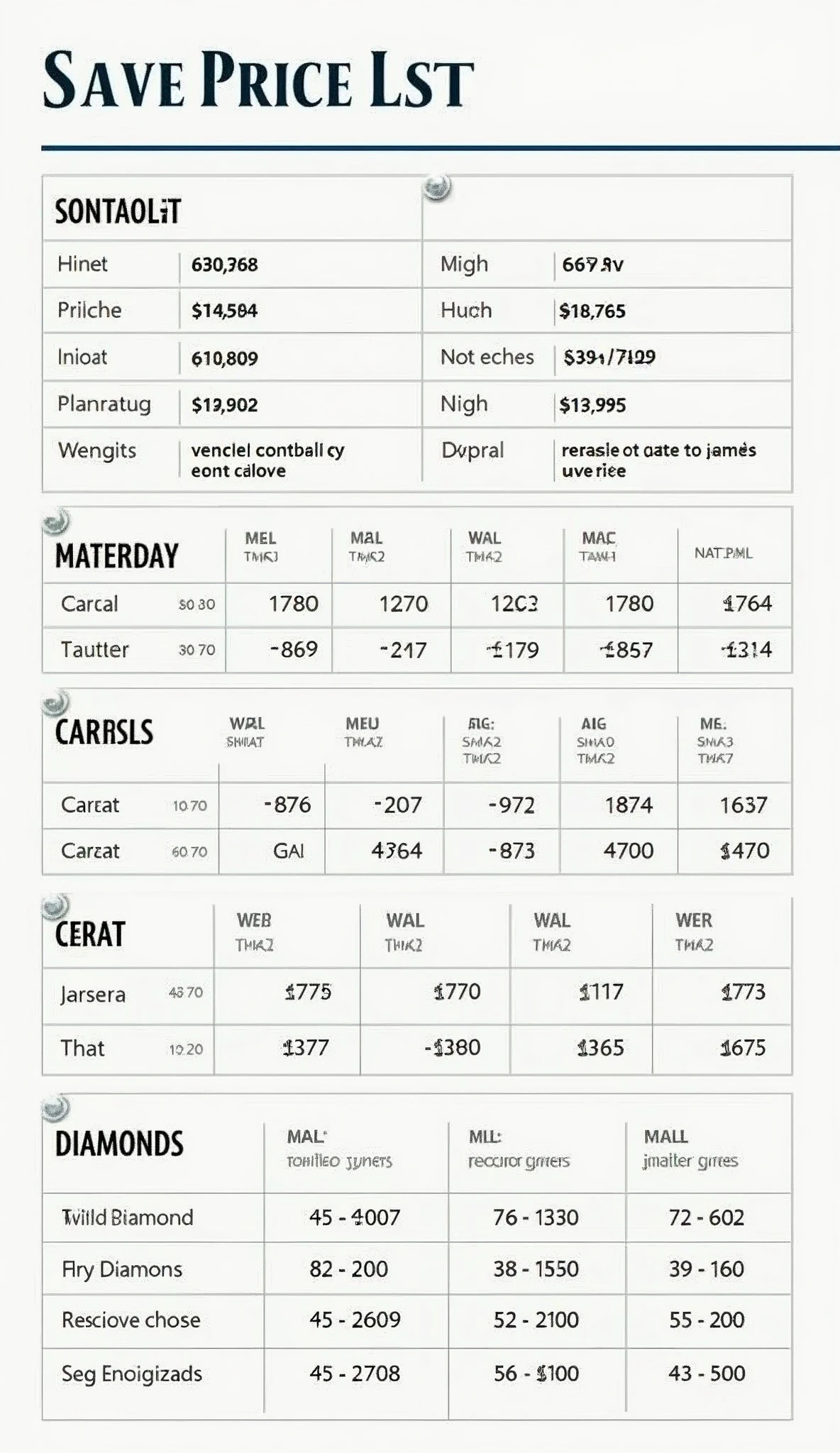 Make me a price list of ml diamonds