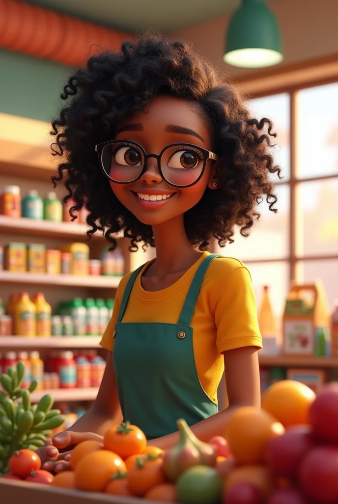 Animated woman with dark skin, wavy hair and glasses, working at a supermarket, Disney Pixar style, with curly hair.