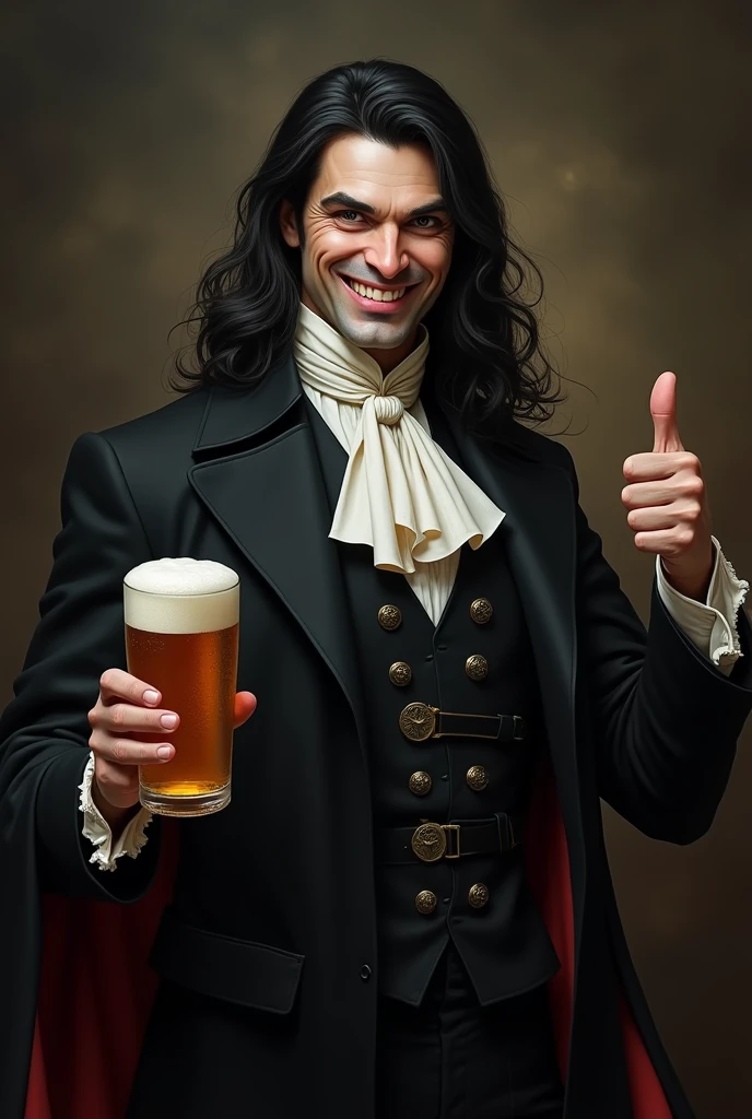 strahd von zarovich with jet black long hair giving a thumbs up while holding a beer while smiling 