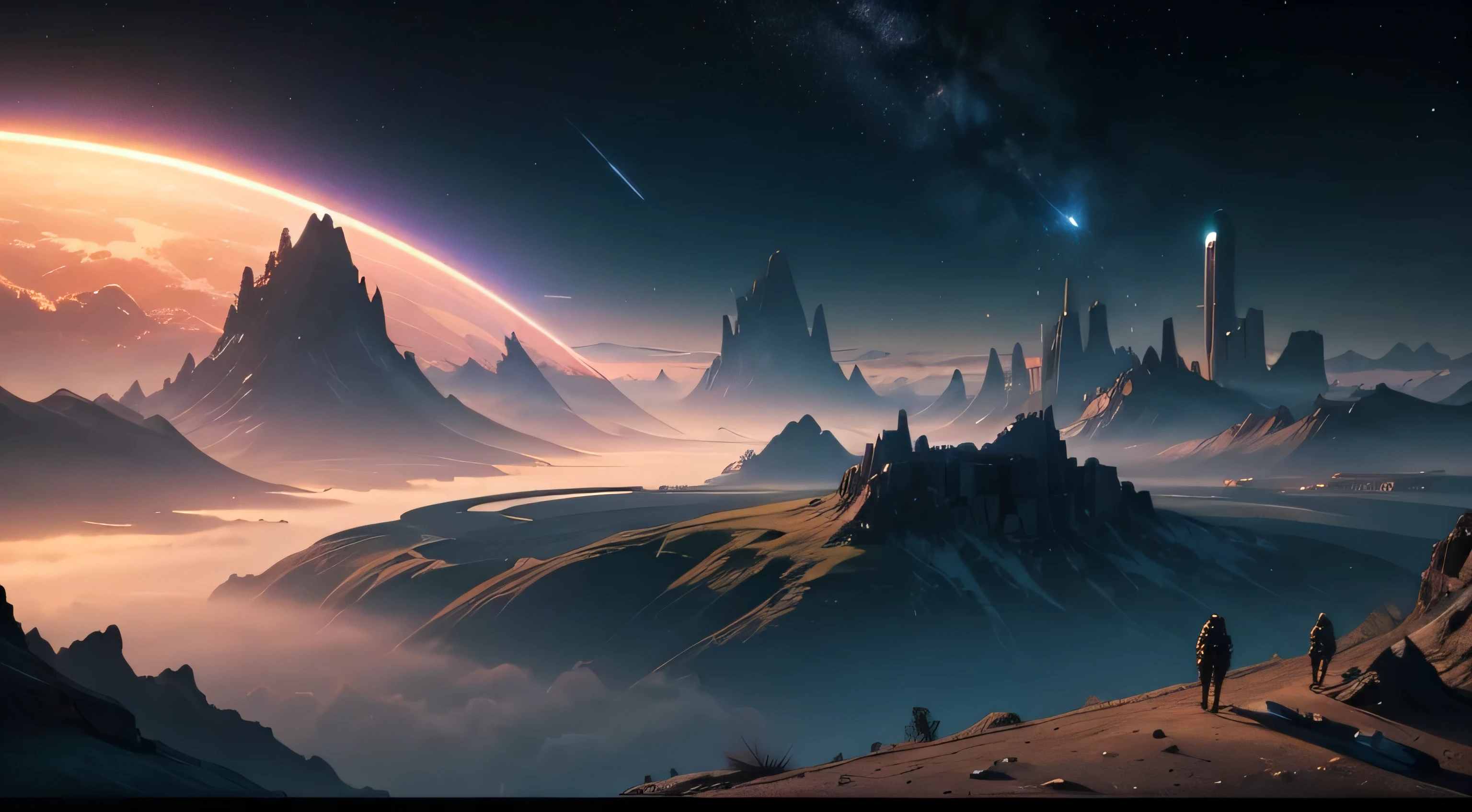 Landscape. Cyberpunk. High Tech. Space. Nature. Planets. Peaceful. No imperfections.