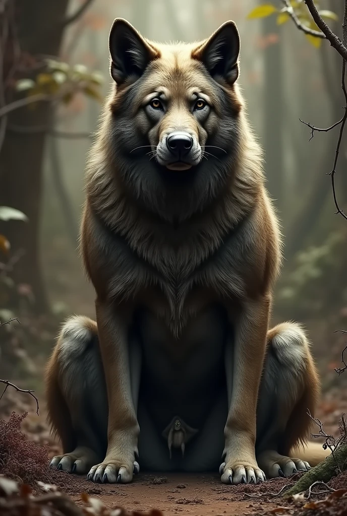 (((Wild Dog, Large hem, balls, sitting down, best qualityer, photorrealistic, hyperrealisti, ultradetailed, detailed back ground, digital drawing (work of art)