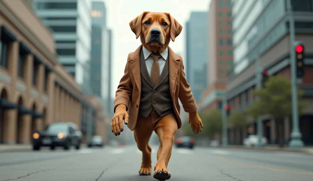 Create a photorealistic 8k image of a Labrador Retriever dog walking like a human, its hands are dog paws. He is a model wearing fashionable clothing.