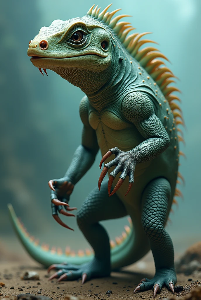 Could you please make an image of a new evolved species that is a combination like the evolution of an iguana that later became marine, please, with fins that have similarities to a fish, but it's a lizard, please, with fins like those of a fish, please, but its parts are not so different and change the shapes of its heads and its hands are different, as are its legs.