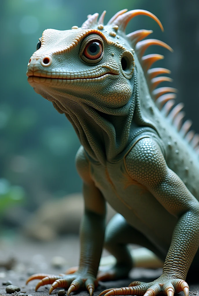 Could you please make an image of a new evolved species that is a combination like the evolution of an iguana that later became marine, please, with fins that have similarities to a fish, but it's a lizard, please, with fins like those of a fish, please, but its parts are not so different and change the shapes of its heads and its hands are different, as are its legs.