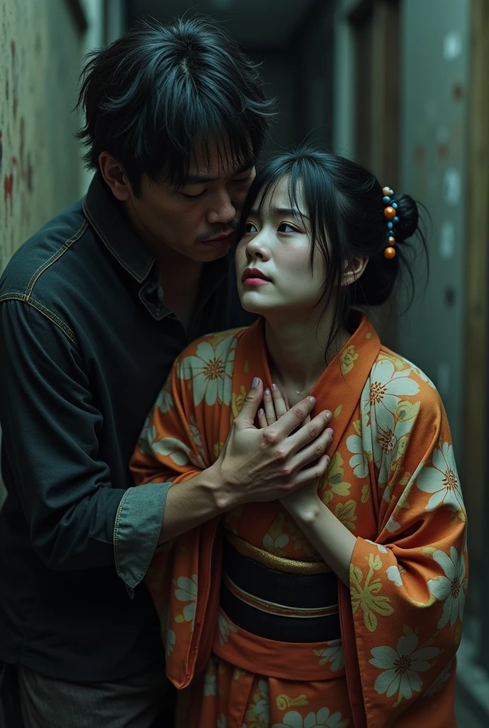 A man kidnapping a Japanese girl in a kimono and the man pulling her by the neck
