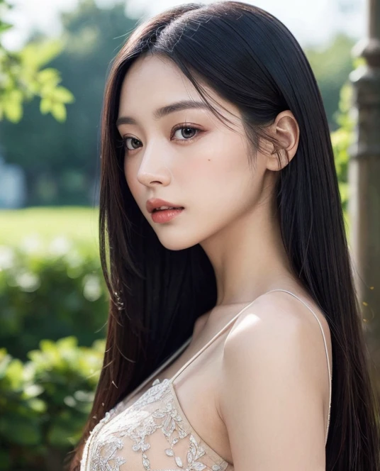 ((Surreal、Super detailed image, maybe a photo.,Captures the details of the skin texture of an incredibly beautiful woman.))long straight black hair。outdoors