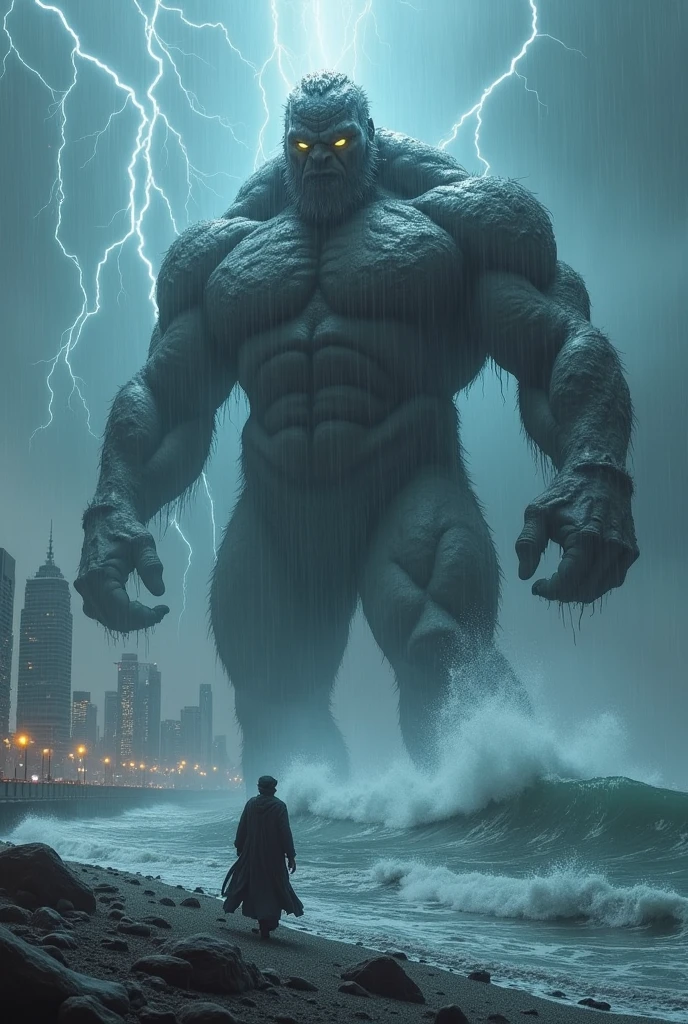 A titan emerges from the waters of a beach to attack a city on a rainy day.