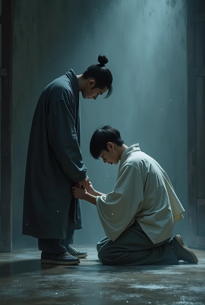 Yeonjun was in a humiliating position, kneeling before his father, head bowed and hands clinging to the linen cloth that covered his father's legs. His body trembled, not only from the cold that ran through the room, but from the fear that consumed him.