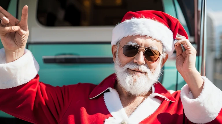 Santa Claus wearing sunglasses、Getting ready to depart