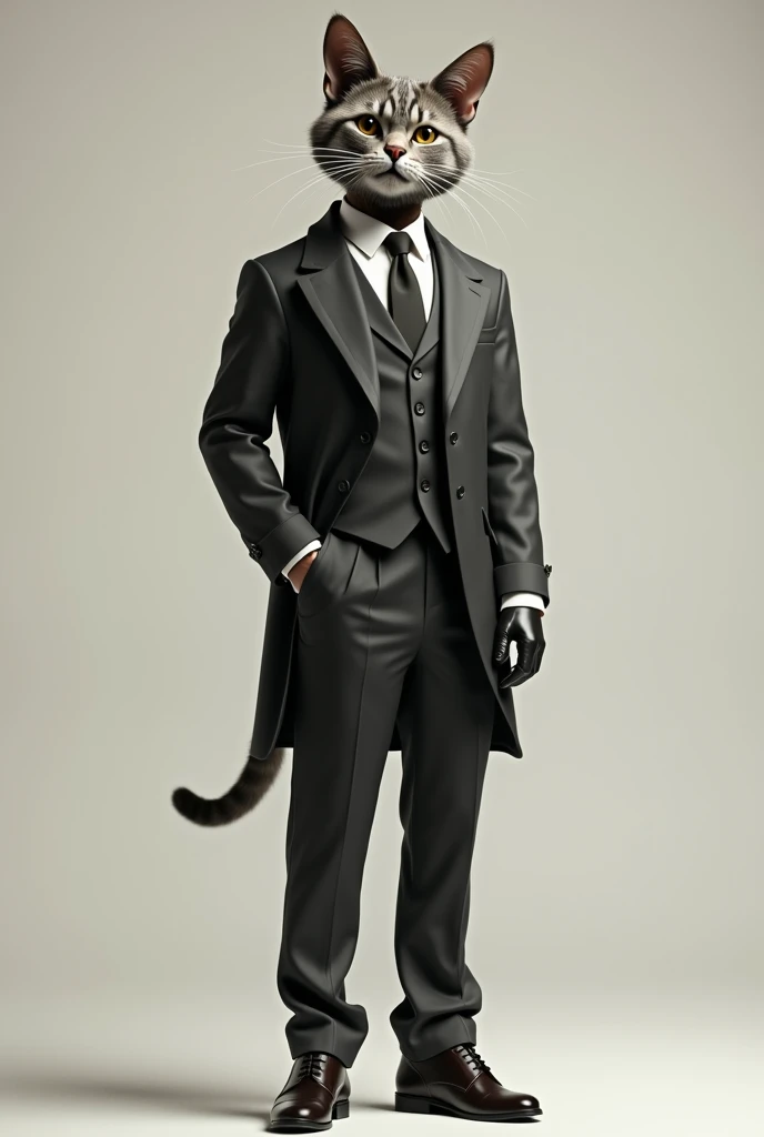 Person wearing a costume that consists of a jacket, shirt, tie, pants and shoes. But the head must be of a cat