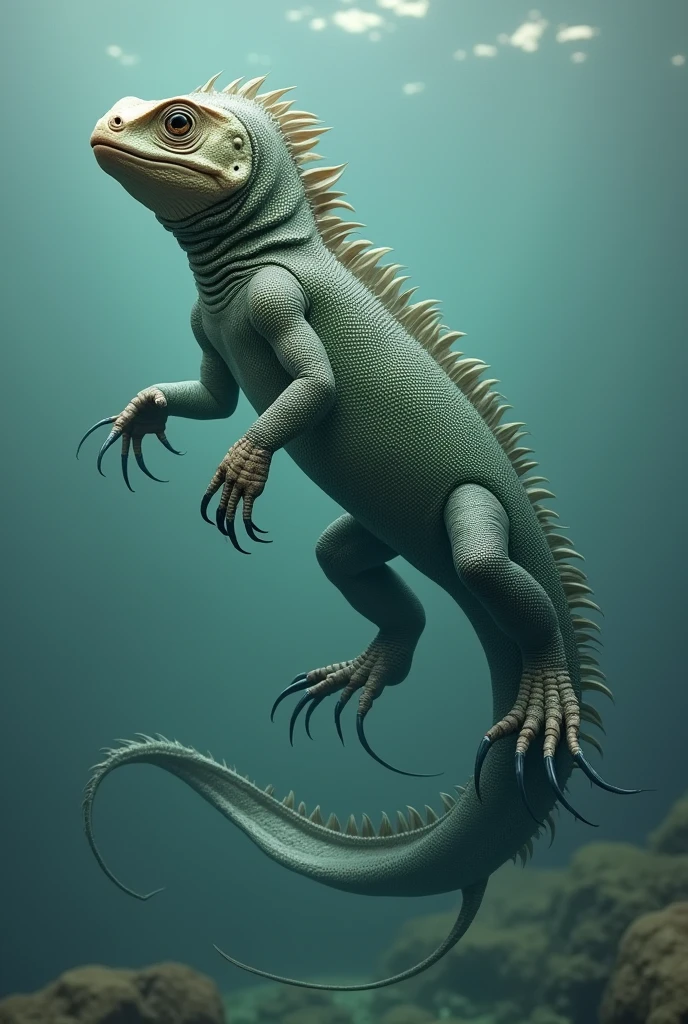 Could you please make an image of a new evolved species that is a combination like the evolution of an iguana that later became marine, please, with fins that have similarities to a fish, but it's a lizard, please, with fins like those of a fish, please, but its parts are not so different and change the shapes of its heads and its hands are different, as are its legs.