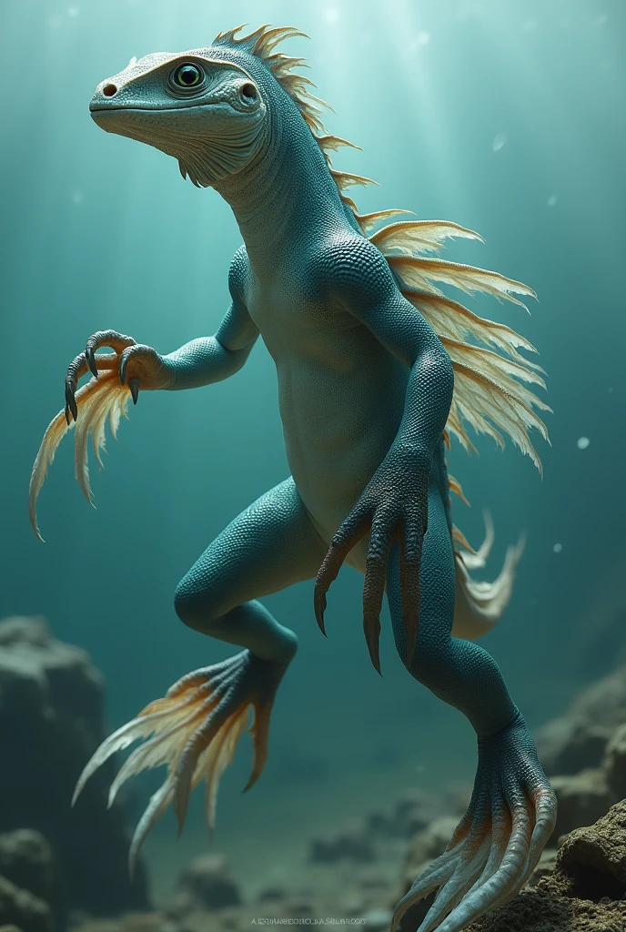 Could you please make an image of a new evolved species that is a combination like the evolution of an iguana that later became marine, please, with fins that have similarities to a fish, but it's a lizard, please, with fins like those of a fish, please, but its parts are not so different and change the shapes of its heads and its hands are different, as are its legs.