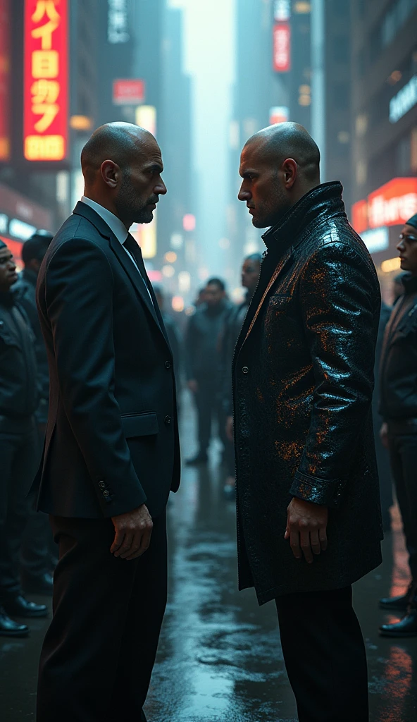 two megacorporation executives, cyberpunk scenario, futuristic clothes, dark atmosphere
both are standing accompanied by security guards 