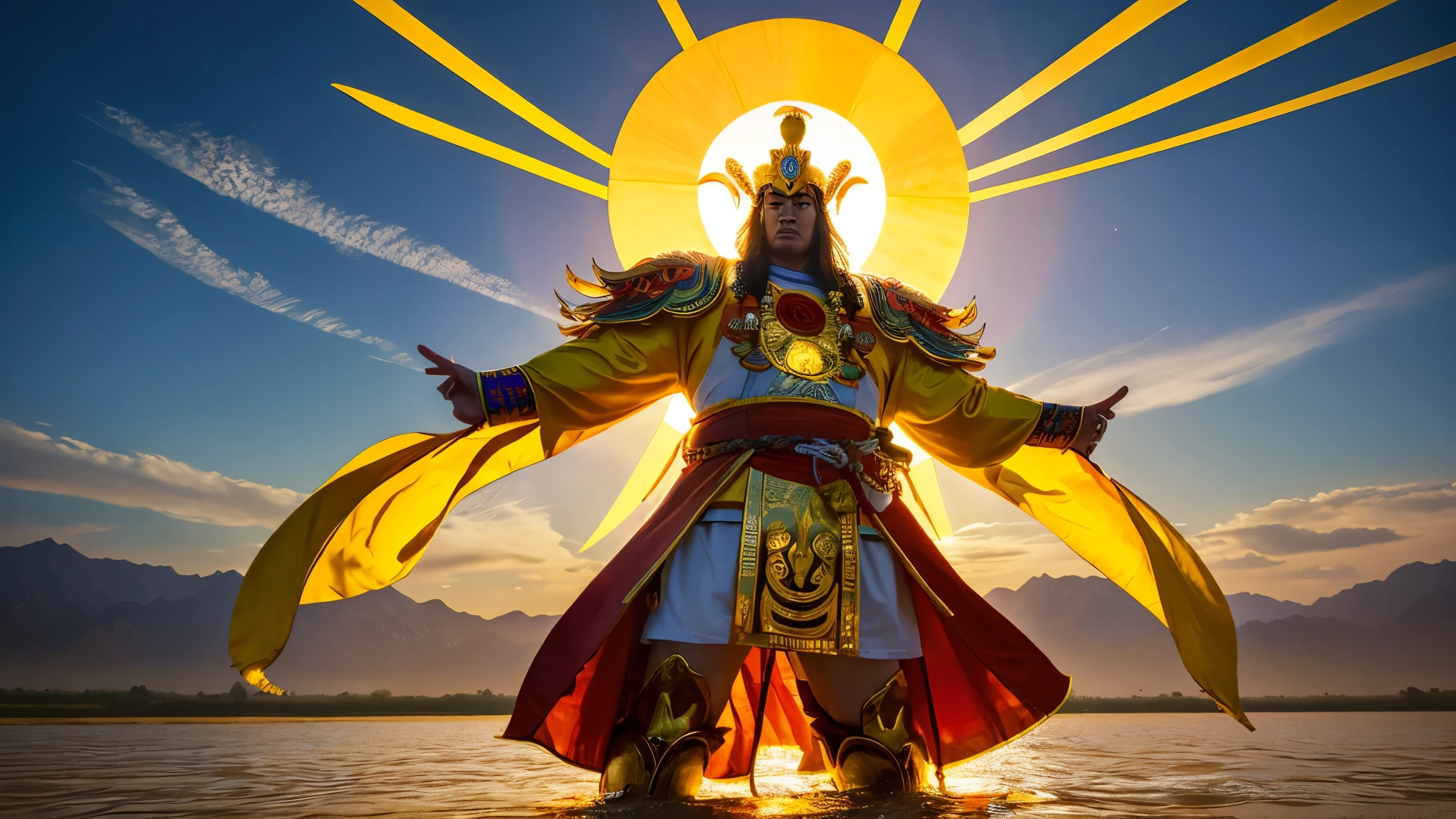 yū, The large, with his ancient costume adorned with [sacred symbols], raises his golden scepter as the Yellow River bows in reverence to his power. or (((rising sun reflects))) in his clothes, illuminating his majestic figure.