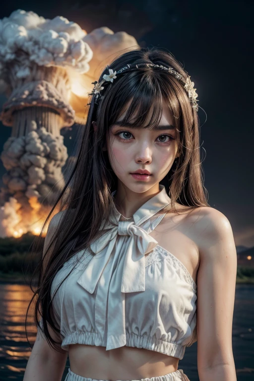masterpiece, exquisite, illustration, {beautiful and meticulous girl}, beautiful and detailed halo, (war fire: 1.2), (nuclear explosion behind: 1.3), rain, detailed lighting, water detail, (Beautiful and detailed eyes.: 1.1), expressionless, palace, dark brown hair, by the scattered, long bangs, eyebrows, (wearing short grayish white clothes: 1.1), black tie, white bow tie, abdomen superior, big front, bored, flower, sleeveless 