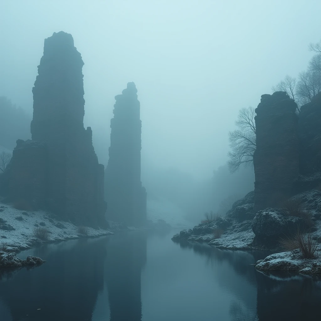 Mysterious fog, Ancient ruins, misty lake, Silhouette of ruins, snowy landscape, cinematic lighting, 8k
