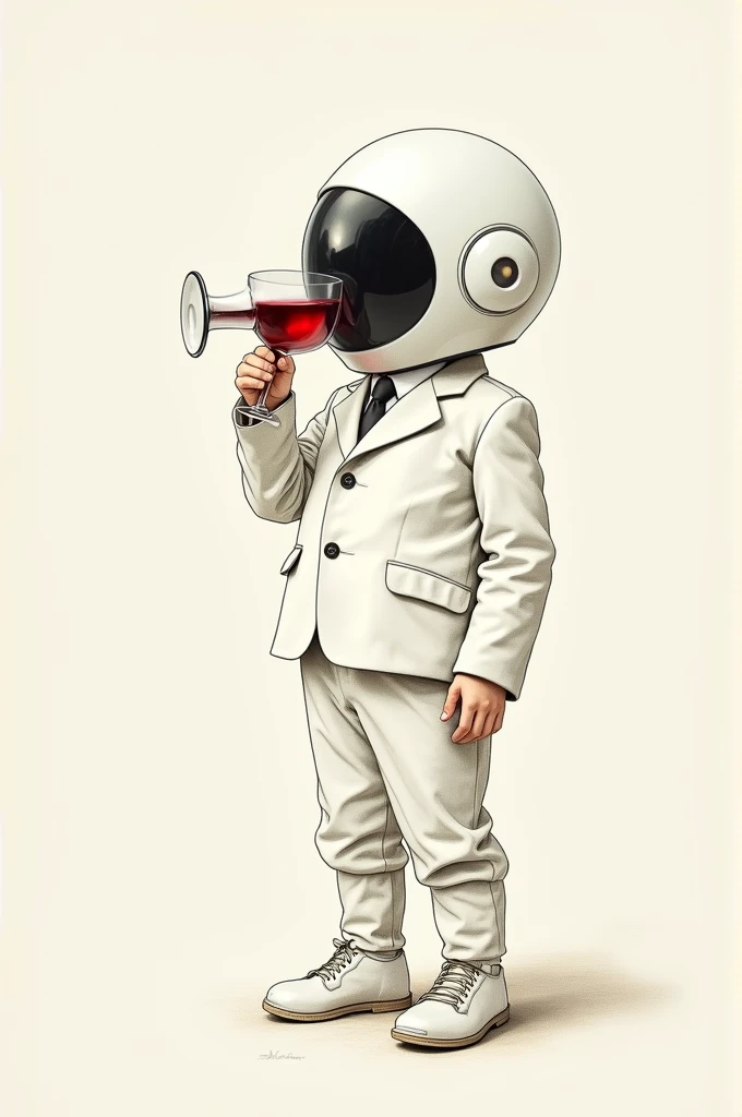 A drawing of a boy in a white suit and a surreal white helmet drinking red wine