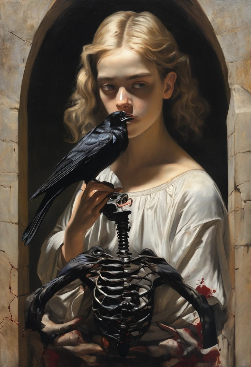"(The best lighting, alto contraste, oscuro, dramatic),(Chica rubia junto a una cabra negra gigante, Open the rib cage, feto, autopsia, huesos humanos, sangre por las paredes). Luz Caravaggio"