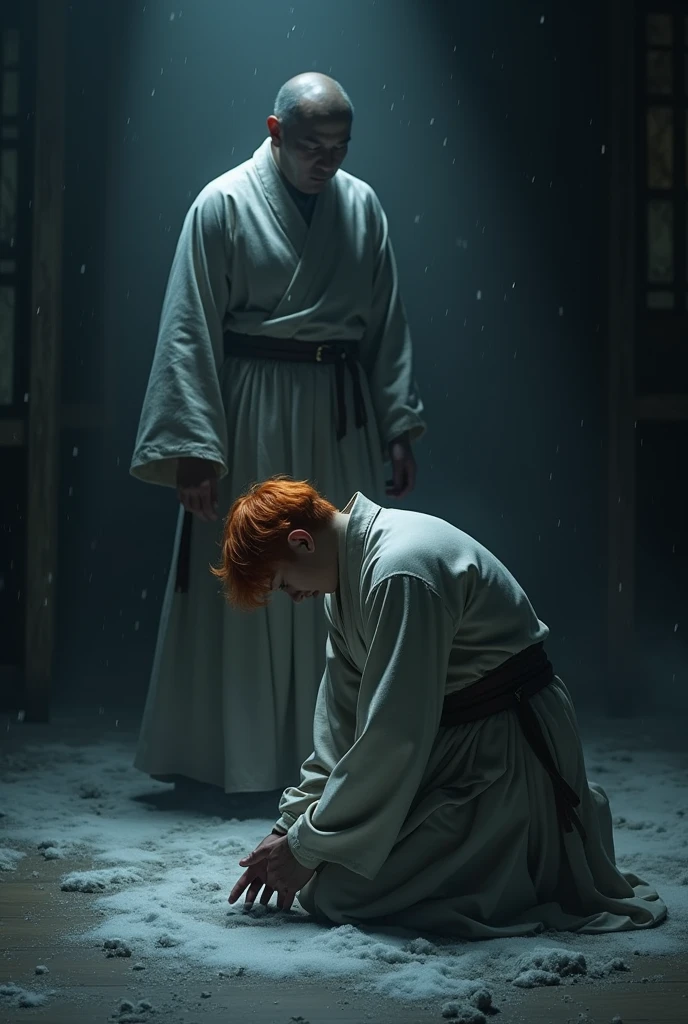 Yeonjun was in a humiliating position, kneeling before his father, head bowed and hands clinging to the linen cloth that covered his father's legs. His body trembled, not only from the cold that ran through the room, but from the fear that consumed him. Dull Orange hair. 