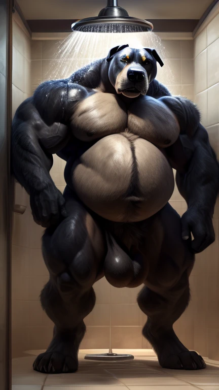 An unusually gargantuan anthropoid growing into immense body height in a small shower enclosure with small space around him, its hunched body filling the thight and small space around, its immense size allows him to push the ceiling floor, its huge and round belly is dominant; male,canine, anthropoid, dog, pitbull:1.4, (dark and thick grey and wet fur:1.8, thick furred body, fluffy fur, thick fur, wet fur, naked),( cut ears:1.0), big fluffy furred balls, chubby:1.2, round belly, huge belly, bloated belly, overweight belly, inflated belly, big body, wide and bulky body, immense and bulky body, thick neck and chest, (middle-age), (musclegut:1.4, thick body:1.2), (immense height, immense body height:1.8), (yellow eyes:1.2),detailed black eyes, looking at viewer, tail, ( full body:1.2), growing:1.6, immense grow, overgrown body size, (by darkgem),(by OnePotatoATime),(by adios:1.2),(by taran fiddler),4k,masterpiece,full hd, BREAK