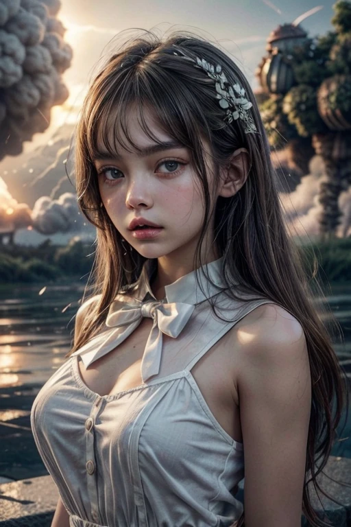 Thylane Blondeau masterpiece, exquisite, illustration, {beautiful and meticulous girl}, beautiful and detailed halo, (war fire: 1.2), (nuclear explosion behind: 1.3), rain, detailed lighting, water detail, (Beautiful and detailed eyes.: 1.1), expressionless, palace, dark brown hair, by the scattered, long bangs, eyebrows, (wearing short grayish white clothes: 1.1), black tie, white bow tie, abdomen superior, big front, bored, flower, sleeveless