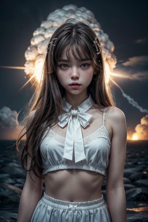 Thylane Blondeau masterpiece, exquisite, illustration, {beautiful and meticulous girl}, beautiful and detailed halo, (war fire: 1.2), (nuclear explosion behind: 1.3), rain, detailed lighting, water detail, (Beautiful and detailed eyes.: 1.1), expressionless, palace, dark brown hair, by the scattered, long bangs, eyebrows, (wearing short grayish white clothes: 1.1), black tie, white bow tie, abdomen superior, big front, bored, flower, sleeveless