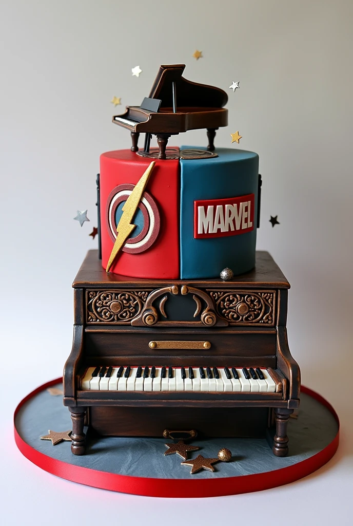 A small and simple birthday cake with a half Marvel and half piano theme (the piano does not have to be fondant)