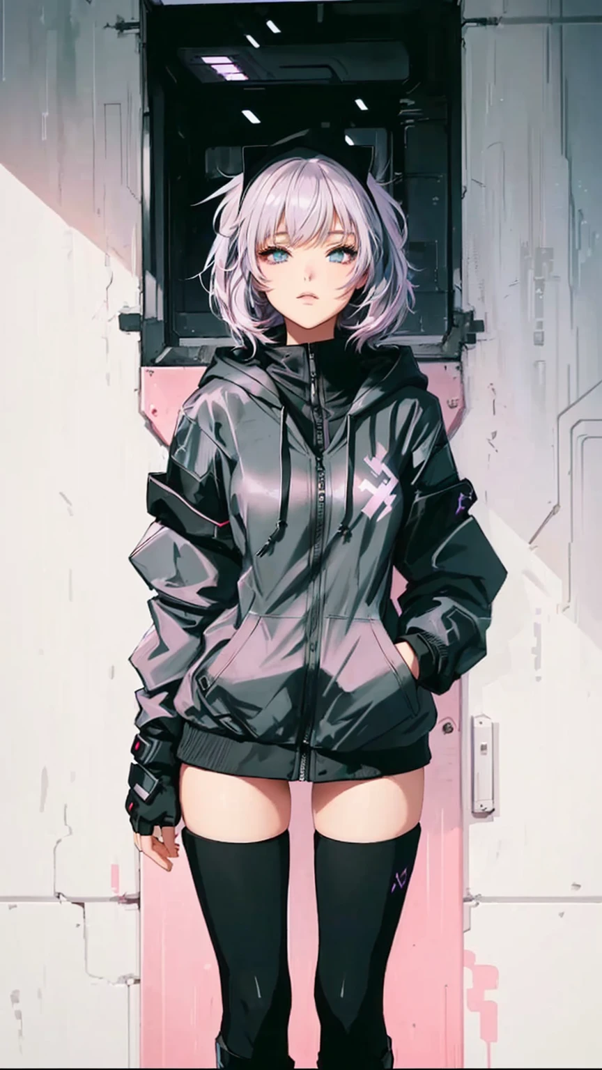 une fille d'anime portant une veste noire et des bottes noires debout devant une porte, fille animée cyberpunk in hoodie, high quality style artistique animé, une fille d'anime, style anime 2D, style artistique anime moe, fond d'écran animé, style animé, fille animée cyberpunk, style artistique animé, style animé 4k, Meilleur fond d'écran anime 4k konachan, jeune fille animée, hanche large, sexy, cheveux rose, yeux rouge