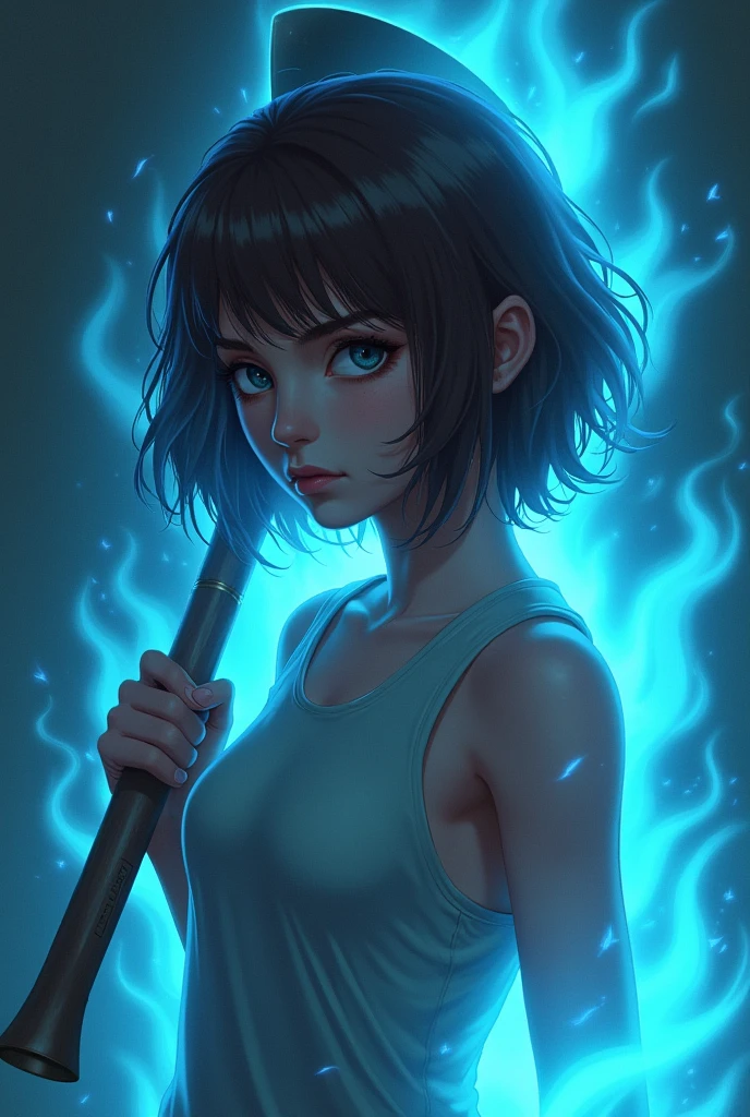 a young adult brunette wearing a tank top with 1 hatchet and a blue aura