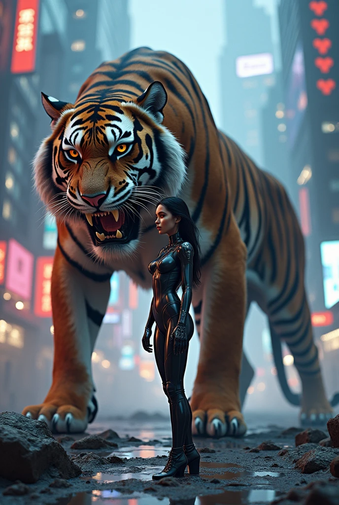 A giant wild saber-toothed tiger protects a beautiful primitive cyberpunk girl
(Master parts: 1.5) (photorrealistic: 1.1) (bokeh) (Best quality) (The skin、pores、Detailed texture of hair: 1.1) (complex) (8k) (hdr) (Wallpapers) (Cinematic lighting) (sharp focus )  cyberpunk style