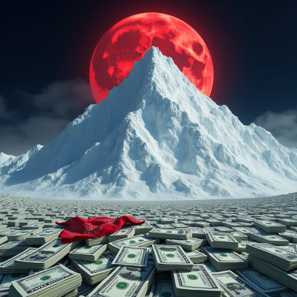 a mountain of cocaine, but make it look like Mount Everest
with 100 dollar bills around it, at night and with a red moon behind, There is a red bandana among the bills.



