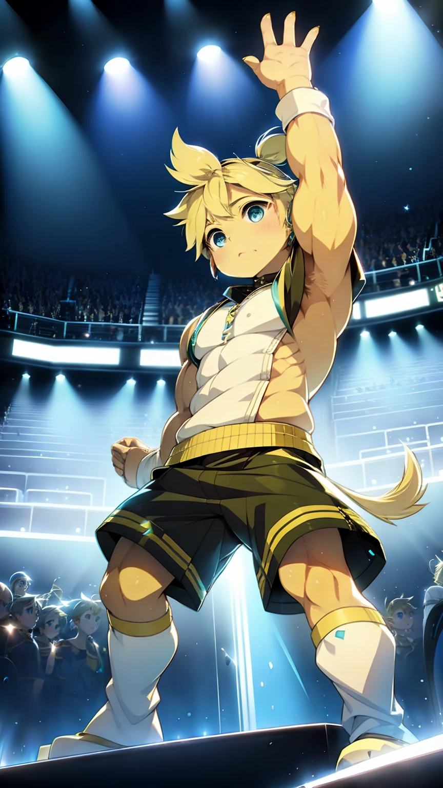 Concert Hall,(((Kagamine Len))),short hair,Short Ponytail,Spiked Hair,Aqua Eye,Huge muscles,