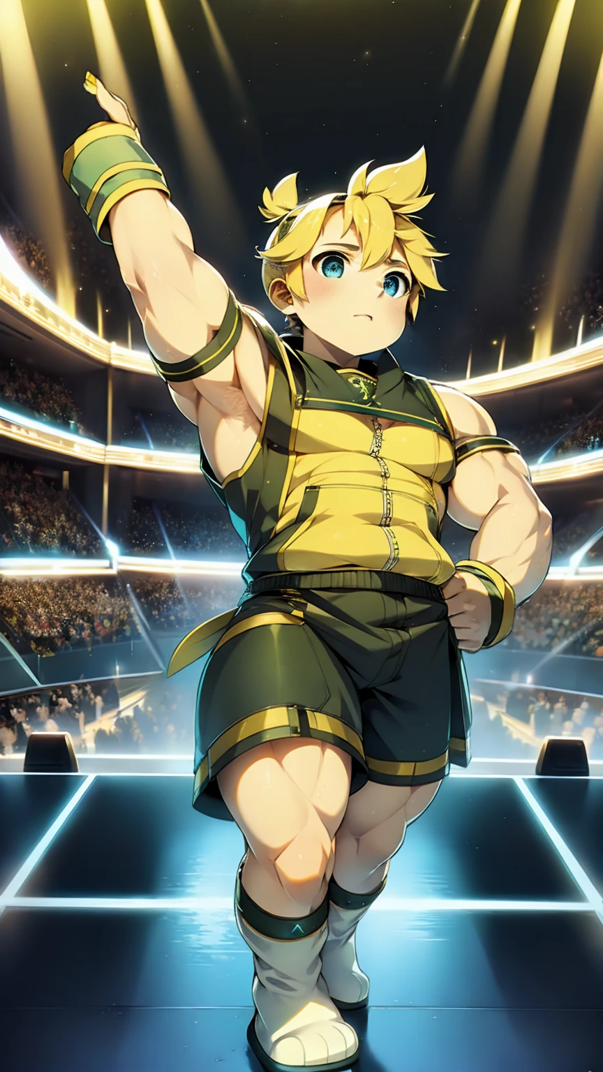 Concert Hall,(((Kagamine Len))),short hair,Short Ponytail,Spiked Hair,Aqua Eye,Huge muscles,