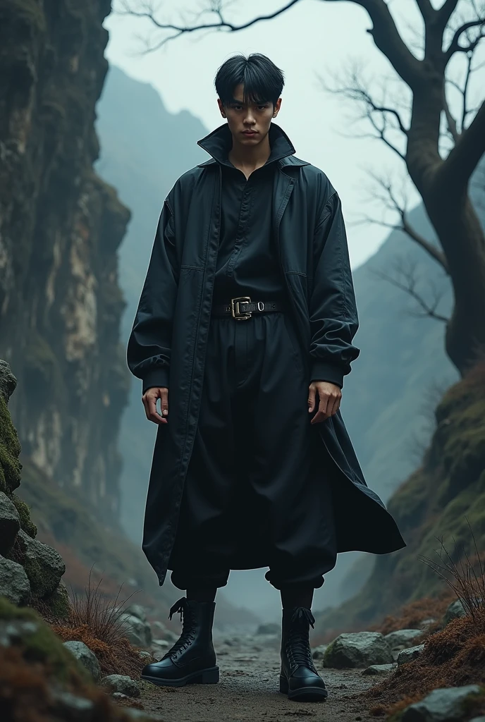 Jeon Jungkook in a dark nature landscape sitting powerfully characterized as Choso from Jujutsu Kaisen wearing all black clothes and boots